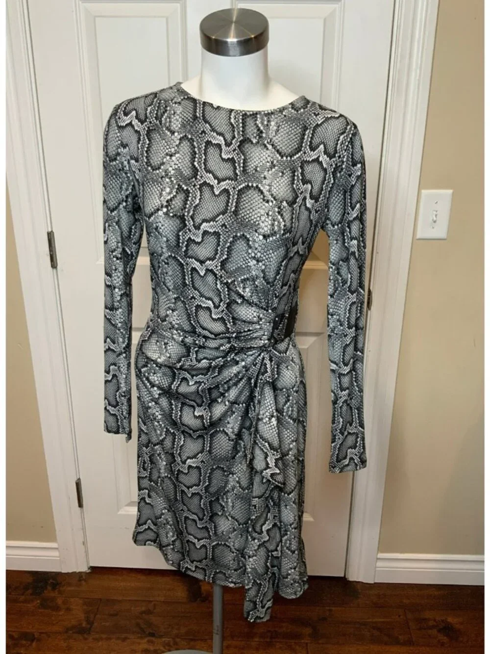 Michael Kors Black & White Snakeskin Print Faux Wrap Buckle Dress, Size S
